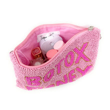Load image into Gallery viewer, Pink hand-beaded Botox Money pouch with a removable silver chain strap, designed to be worn as a crossbody or carried as a clutch. Perfect for makeup, travel essentials, and beauty lovers.