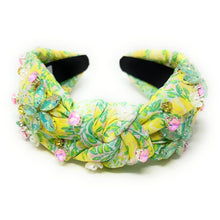 Load image into Gallery viewer, Summer Knot headband, resort knot headband, floral knotted headband, vacation accessories, multicolor top knot headband, yellow green headband, resort headband, green yellow color hair band, tropical fabric headband, custom jeweled headband, multi color knotted headband, beach hair accessories, summer accessories, summer accessories, vacation headband, summer top knot headband, custom headband, handmade headbands, beach knotted headband, best selling items, jeweled headband, handmade gifts