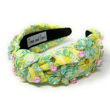 Load image into Gallery viewer, Summer Knot headband, resort knot headband, floral knotted headband, vacation accessories, multicolor top knot headband, yellow green headband, resort headband, green yellow color hair band, tropical fabric headband, custom jeweled headband, multi color knotted headband, beach hair accessories, summer accessories, summer accessories, vacation headband, summer top knot headband, custom headband, handmade headbands, beach knotted headband, best selling items, jeweled headband, handmade gifts