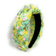 Load image into Gallery viewer, Summer Knot headband, resort knot headband, floral knotted headband, vacation accessories, multicolor top knot headband, yellow green headband, resort headband, green yellow color hair band, tropical fabric headband, custom jeweled headband, multi color knotted headband, beach hair accessories, summer accessories, summer accessories, vacation headband, summer top knot headband, custom headband, handmade headbands, beach knotted headband, best selling items, jeweled headband, handmade gifts