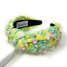 Load image into Gallery viewer, Summer Knot headband, resort knot headband, floral knotted headband, vacation accessories, multicolor top knot headband, yellow green headband, resort headband, green yellow color hair band, tropical fabric headband, custom jeweled headband, multi color knotted headband, beach hair accessories, summer accessories, summer accessories, vacation headband, summer top knot headband, custom headband, handmade headbands, beach knotted headband, best selling items, jeweled headband, handmade gifts