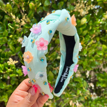 Load image into Gallery viewer, headband for women, summer Knot headband, Summer lover headband, floral knotted headband, green top knot headband, seafoam green top knotted headband, white knotted headband, Green seafoam green hair band, flowers knot headbands, flowers headband, statement headbands, top knotted headband, knotted headband, seafoam green hair accessories, embellished headband, gemstone knot headband, luxury headband, embellished knot headband, jeweled knot headband, summer knot embellished headband