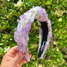 Load image into Gallery viewer, headband for women, summer Knot headband, Summer lover headband, butterfly knotted headband, floral top knot headband, lavender top knotted headband, light  purple  knotted headband, oriental print headband, butterfly print hair band, flowers knot headbands, butterfly headband, statement headbands, top knotted headband, knotted headband, Purple hair accessories, embellished headband, gemstone knot headband, luxury headband, embellished knot headband, jeweled knot headband, summer knot embellished headband