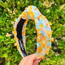 Load image into Gallery viewer, headband for women, yellow Knot headband, yellow lover headband, floral knotted headband, yellow top knot headband, yellow floral top knotted headband, white knotted headband, yellow floral hair band, flowers knot headbands, flowers headband, statement headbands, top knotted headband, knotted headband, yellow hair accessories, embellished headband, gemstone knot headband, luxury headband, embellished knot headband, jeweled knot headband, summer knot embellished headband
