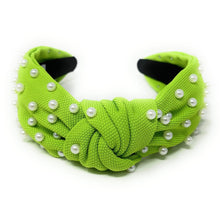 Load image into Gallery viewer, headbands for women, neon green headband, handmade headbands, neon lime top knotted headband, green knotted headband, hair band for women, embellished headband, white pearl headband, lime green headband for women, football headband, jeweled headband for women, knotted jeweled headband, seattle seahawks headband, seattle knot headband, seahawks knot headband, pearly headbands, seahawks headband, game day hair accessories, game day headband, summer headbands, seahawks colors, best selling items