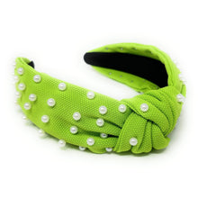 Load image into Gallery viewer, headbands for women, neon green headband, handmade headbands, neon lime top knotted headband, green knotted headband, hair band for women, embellished headband, white pearl headband, lime green headband for women, football headband, jeweled headband for women, knotted jeweled headband, seattle seahawks headband, seattle knot headband, seahawks knot headband, pearly headbands, seahawks headband, game day hair accessories, game day headband, summer headbands, seahawks colors, best selling items