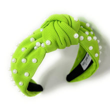 Load image into Gallery viewer, headbands for women, neon green headband, handmade headbands, neon lime top knotted headband, green knotted headband, hair band for women, embellished headband, white pearl headband, lime green headband for women, football headband, jeweled headband for women, knotted jeweled headband, seattle seahawks headband, seattle knot headband, seahawks knot headband, pearly headbands, seahawks headband, game day hair accessories, game day headband, summer headbands, seahawks colors, best selling items