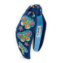 Load image into Gallery viewer, summer headband for women, blue Knot headband, denim Blue lover headband, denim knotted headband, denim top knot headband, snowball top knotted headband, butterfly headband, blue hair band, blue knot headbands, denim color headband, statement headbands, top knotted headband, knotted headband, butterfly lover gifts, denim embellished headband, gemstone knot headband, luxury headband, embellished knot headband, jeweled knot headband, butterfly knot embellished headband 