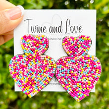 Load image into Gallery viewer, Hearts Beaded Earrings, confetti Heart Earrings, Valentines Day Earrings, Valentines Beaded Earrings, multicolor heart earrings, Valentines Heart earrings, sprinkles earrings, pink beaded earrings, Love beaded earrings, Hearts earrings, confetti hearts earrings, holiday gifts, tween girls accessories, Valentine’s day accessories, Best friend gifts, Best selling items, Heart accessories, boho earrings, custom earrings, unique earrings, unique gifts, handmade gifts, Pink Heart earrings, lightweight earrings