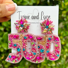 Load image into Gallery viewer, custom beaded Earrings, jeweled Earrings, 50th birthday Beaded Earrings, 50th birthday earrings, multicolor jeweled earrings, handmade earrings, custom earrings, birthday accessories, fancy accessories, birthday embellished earrings, custom earrings, best friend gifts, birthday gifts, luxurious handmade accessories, party earrings, Fancy earrings, boho earrings, beaded earrings, 50th birthday embellished earrings, milestone jeweled earrings, pink earrings, statement earrings, best selling items