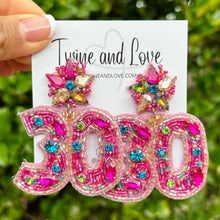 Load image into Gallery viewer, custom beaded Earrings, jeweled Earrings, 30th birthday Beaded Earrings, 30th birthday earrings, multicolor jeweled earrings, handmade earrings, custom earrings, birthday accessories, fancy accessories, birthday embellished earrings, custom earrings, best friend gifts, birthday gifts, luxurious handmade accessories, party earrings, Fancy earrings, boho earrings, beaded earrings, 30th birthday embellished earrings, Fancy jeweled earrings, pink earrings, statement earrings, best selling items