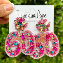 Load image into Gallery viewer, custom beaded Earrings, jeweled Earrings, 60th birthday Beaded Earrings, 60th birthday earrings, multicolor jeweled earrings, handmade earrings, custom earrings, birthday accessories, fancy accessories, birthday embellished earrings, custom earrings, best friend gifts, birthday gifts, luxurious handmade accessories, party earrings, Fancy earrings, boho earrings, beaded earrings, 60th birthday embellished earrings, milestone jeweled earrings, pink earrings, statement earrings, best selling items