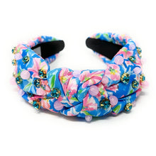 Load image into Gallery viewer, Summer Knot headband, resort knot headband, blue pink knotted headband, vacation accessories, multicolor top knot headband, blue pink headband, resort headband, blue pink color hair band, tropical fabric headband, custom jeweled headband, multi color knotted headband, beach hair accessories, summer accessories, summer accessories, vacation headband, summer top knot headband, custom headband, handmade headbands, beach knotted headband, best selling items, jeweled headband, handmade gifts