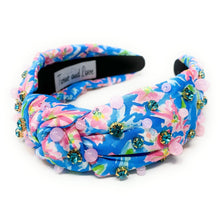 Load image into Gallery viewer, Summer Knot headband, resort knot headband, blue pink knotted headband, vacation accessories, multicolor top knot headband, blue pink headband, resort headband, blue pink color hair band, tropical fabric headband, custom jeweled headband, multi color knotted headband, beach hair accessories, summer accessories, summer accessories, vacation headband, summer top knot headband, custom headband, handmade headbands, beach knotted headband, best selling items, jeweled headband, handmade gifts