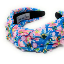 Load image into Gallery viewer, Summer Knot headband, resort knot headband, blue pink knotted headband, vacation accessories, multicolor top knot headband, blue pink headband, resort headband, blue pink color hair band, tropical fabric headband, custom jeweled headband, multi color knotted headband, beach hair accessories, summer accessories, summer accessories, vacation headband, summer top knot headband, custom headband, handmade headbands, beach knotted headband, best selling items, jeweled headband, handmade gifts