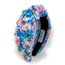 Load image into Gallery viewer, Summer Knot headband, resort knot headband, blue pink knotted headband, vacation accessories, multicolor top knot headband, blue pink headband, resort headband, blue pink color hair band, tropical fabric headband, custom jeweled headband, multi color knotted headband, beach hair accessories, summer accessories, summer accessories, vacation headband, summer top knot headband, custom headband, handmade headbands, beach knotted headband, best selling items, jeweled headband, handmade gifts