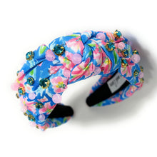 Load image into Gallery viewer, Summer Knot headband, resort knot headband, blue pink knotted headband, vacation accessories, multicolor top knot headband, blue pink headband, resort headband, blue pink color hair band, tropical fabric headband, custom jeweled headband, multi color knotted headband, beach hair accessories, summer accessories, summer accessories, vacation headband, summer top knot headband, custom headband, handmade headbands, beach knotted headband, best selling items, jeweled headband, handmade gifts