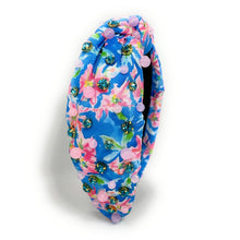 Load image into Gallery viewer, Summer Knot headband, resort knot headband, blue pink knotted headband, vacation accessories, multicolor top knot headband, blue pink headband, resort headband, blue pink color hair band, tropical fabric headband, custom jeweled headband, multi color knotted headband, beach hair accessories, summer accessories, summer accessories, vacation headband, summer top knot headband, custom headband, handmade headbands, beach knotted headband, best selling items, jeweled headband, handmade gifts