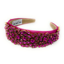 Load image into Gallery viewer, headband for women, fall headband, fuchsia baroque headband, fall winter headband, multicolor headband, bridal headband, bridal accessories, fuchsia luxurious hairband, luxurious hair band, unique embellished headband, unique headband, statement headband, custom bridal headband, fuchsia color accessories, embellished headband, gemstone headband, luxury headband, embellished headband, bling headband, baroque embellished headband, custom headband, jeweled baroque headband, evening hair accessory