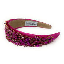 Load image into Gallery viewer, headband for women, fall headband, fuchsia baroque headband, fall winter headband, multicolor headband, bridal headband, bridal accessories, fuchsia luxurious hairband, luxurious hair band, unique embellished headband, unique headband, statement headband, custom bridal headband, fuchsia color accessories, embellished headband, gemstone headband, luxury headband, embellished headband, bling headband, baroque embellished headband, custom headband, jeweled baroque headband, evening hair accessory