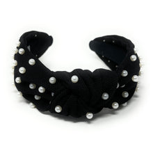 Load image into Gallery viewer, headbands for women, black headband, handmade headbands, black white top knotted headband, black knotted headband, hair band for women, embellished headband, white pearl headband, black white pearl headband for women, football headband, jeweled headband for women, knotted jeweled headband, raiders headband, pearl knot headband, raiders knot headband, pearly headbands, black white headband, game day hair accessories, game day headband, summer headbands, raiders colors, best selling items