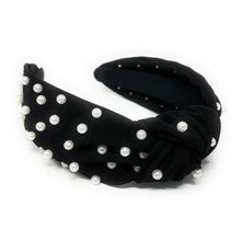 Load image into Gallery viewer, headbands for women, black headband, handmade headbands, black white top knotted headband, black knotted headband, hair band for women, embellished headband, white pearl headband, black white pearl headband for women, football headband, jeweled headband for women, knotted jeweled headband, raiders headband, pearl knot headband, raiders knot headband, pearly headbands, black white headband, game day hair accessories, game day headband, summer headbands, raiders colors, best selling items