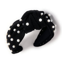 Load image into Gallery viewer, headbands for women, black headband, handmade headbands, black white top knotted headband, black knotted headband, hair band for women, embellished headband, white pearl headband, black white pearl headband for women, football headband, jeweled headband for women, knotted jeweled headband, raiders headband, pearl knot headband, raiders knot headband, pearly headbands, black white headband, game day hair accessories, game day headband, summer headbands, raiders colors, best selling items