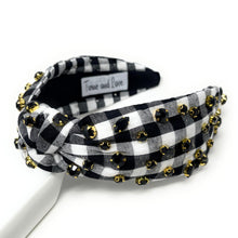 Load image into Gallery viewer, headband for women, gingham Knot headband, black knot headband, black gingham knotted headband, black top knot headband, game day top knotted headband, black knotted headband, gingham print headband, black white gingham print hair band, black white headbands, saints headband, college knot headbands, gingham top knotted headband, Philadelphia eagles knotted headband, game day hair accessories, embellished headband, Carolina panthers headband, embellished knot headband, Pittsburg knot embellished headband