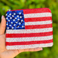 Load image into Gallery viewer, USA Coin Purse Pouch, USA Flag bead Purse, USA Beaded Pouch, Patriotic Purse, Boho bags, Wallets for her, boho pouch, boho accessories, bachelorette gifts, best friend gifts, miscellaneous gifts, best seller, best selling items, gifts for her, birthday gifts, preppy beaded wallet, party favors, bachelorette bag, money pouch, wallets for her, unique cute gifts, mother’s day gift, handmade gifts, Nashville gifts, patriotic accessories, Olympic gifts, credit card pouch, Fourth of July gifts, patriotism gifts