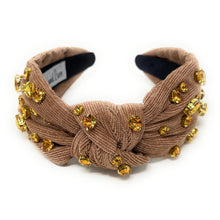 Load image into Gallery viewer, Thanksgiving Jeweled Headband, Fall headband, Autumn Hair Accessories, Autumn Headband, knot headband, boho headband, best selling items, Fall knotted headband, hairbands for women, thanksgiving  gifts,  Fall knot Headband, Fall accessories, beige corduroy headband, Corduroy headband, Statement headband, Christmas gifts, jeweled knot headband, Jeweled headband, Corduroy knot headband, Embellished headband, Autumn embellished headband, bejeweled headband