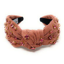Load image into Gallery viewer, pink Jeweled Headband, gray headband, Autumn Hair Accessories, Autumn Headband, knot headband, boho headband, best selling items, Fall knotted headband, hairbands for women, thanksgiving  gifts,  Fall knot Headband, Fall Winter accessories, pink corduroy headband, Corduroy headband, Statement headband, Christmas gifts, jeweled knot headband, Jeweled headband, Corduroy knot headband, Embellished headband, Autumn embellished headband, bejeweled headband