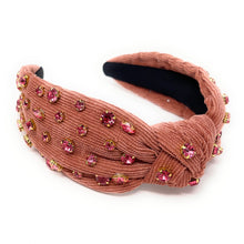 Load image into Gallery viewer, pink Jeweled Headband, gray headband, Autumn Hair Accessories, Autumn Headband, knot headband, boho headband, best selling items, Fall knotted headband, hairbands for women, thanksgiving  gifts,  Fall knot Headband, Fall Winter accessories, pink corduroy headband, Corduroy headband, Statement headband, Christmas gifts, jeweled knot headband, Jeweled headband, Corduroy knot headband, Embellished headband, Autumn embellished headband, bejeweled headband