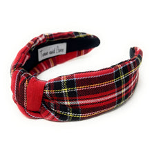 Load image into Gallery viewer, holiday Headband, holiday Knotted Headband, red plaid Knotted Headband, red Plaid Hair Accessories, Plaid Headband, Best Seller, headbands for women, best selling items, knotted headband, hairbands for women, red plaid gifts, red knot Headband, School hair accessories, school plaid headband, Plaid uniform headband, Statement headband, school uniform, school uniform knot headband, red black Knotted headband, plaid headband, School Knot headband, plaid knot headband