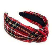 Load image into Gallery viewer, holiday Headband, holiday Knotted Headband, red plaid Knotted Headband, red Plaid Hair Accessories, Plaid Headband, Best Seller, headbands for women, best selling items, knotted headband, hairbands for women, red plaid gifts, red knot Headband, School hair accessories, school plaid headband, Plaid uniform headband, Statement headband, school uniform, school uniform knot headband, red black Knotted headband, plaid headband, School Knot headband, plaid knot headband