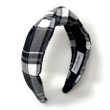 Load image into Gallery viewer, holiday Headband, holiday Knotted Headband, black plaid Knotted Headband, gray Plaid Hair Accessories, Plaid Headband, Best Seller, headbands for women, best selling items, knotted headband, hairbands for women, black plaid gifts, black white knot Headband, School hair accessories, school plaid headband, Plaid uniform headband, Statement headband, school uniform, school uniform knot headband, black Knotted headband, plaid headband, School Knot headband, plaid knot headband