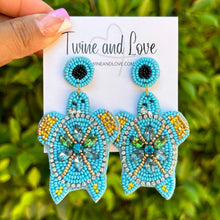 Load image into Gallery viewer, custom beaded Earrings, sea turtle jeweled Earrings, sea turtle Beaded Earrings, summer jeweled earrings, handmade unique earrings, custom earrings, beach accessories, beach accessories, embellished earrings, custom earrings, best friend gifts, birthday gifts, bohemian earrings, luxurious handmade accessories, beach jewelry, Fancy earrings, boho earrings, beaded earrings, beach jeweled earrings, statement earrings, best selling items, beach accessories, handmade gifts, custom gifts, sea turtle earrings