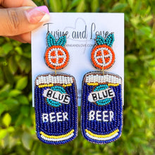 Load image into Gallery viewer, blue beer beaded Earrings, beaded blue moon Earrings, blue moon Earrings, beer Beaded Earrings, vacation earrings, resort earrings, bachelorette beaded earrings, drink earrings, unique earrings, blue moon seed bead earrings, bejeweled accessories, resort accessories, resort beaded earrings, gifts for mom, best friend gifts, birthday gifts, blue earrings, fancy earrings accessory, summer earrings, boho earrings, fancy rhinestone earrings, rhinestone earrings, embellished earrings