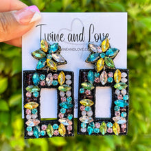 Load image into Gallery viewer, custom beaded Earrings, multicolor jeweled Earrings, multicolor Beaded Earrings, summer jeweled earrings, handmade earrings, custom earrings, party accessories, fancy accessories, multicolor embellished earrings, custom earrings, best friend gifts, birthday gifts, bohemian earrings, luxurious handmade accessories, night jewelry, Fancy earrings, boho earrings, beaded earrings, Fancy jeweled earrings, statement earrings, best selling items, statement earrings, handmade gifts, custom gifts, party earrings