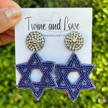 Load image into Gallery viewer,  Hanukkah Beaded Earrings, Hanukkah Earrings, Holiday Earrings, Blue Beaded Earrings, Seed Bead, Hanukkah, Holiday ornament earrings, Star of David beaded earrings, Star of David Hanukkah, Blue star earrings, holiday earrings, Ornament earrings, blue Star of David earrings, holiday gifts, holiday accessories, holiday beaded accessories, Holiday accessories, Holiday Blue earrings, Hanukkah gifts, best Selling items, Hanukkah star earrings, Custom earrings