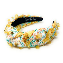 Load image into Gallery viewer, headband for women, yellow Knot headband, yellow lover headband, floral knotted headband, yellow top knot headband, yellow floral top knotted headband, white knotted headband, yellow floral hair band, flowers knot headbands, flowers headband, statement headbands, top knotted headband, knotted headband, yellow hair accessories, embellished headband, gemstone knot headband, luxury headband, embellished knot headband, jeweled knot headband, summer knot embellished headband