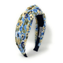 Load image into Gallery viewer, headbands for women, blue knot headband, handmade headbands, floral blue top knotted headband, blue knotted headband, hair band for women, embellished headband, floral headband, floral headband for women, summer headband, jeweled headband for women, knotted jeweled headband, wide floral headband, summer knot headband, blue floral headband, knotted headbands, yellow headband, game day hair accessories, game day headband, summer headbands, blue headband, best selling items
