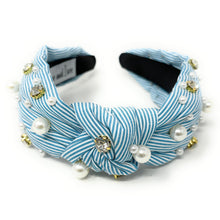 Load image into Gallery viewer, headbands for women, Wide headband, handmade headbands, top knotted headband, knotted headband, hair band for women, embellished headband, rhinestone headband, gemstone headband for women, luxury headband, jeweled headband for women, knotted jeweled headband, bling headband, embellished knot headband, luxury knot headband, pearly headbands, pearly rhinestone headband, spring hair accessories, black and white headband, spring headbands, Striped jeweled headband, embellished headband, best selling items