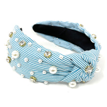 Load image into Gallery viewer, headbands for women, Wide headband, handmade headbands, top knotted headband, knotted headband, hair band for women, embellished headband, rhinestone headband, gemstone headband for women, luxury headband, jeweled headband for women, knotted jeweled headband, bling headband, embellished knot headband, luxury knot headband, pearly headbands, pearly rhinestone headband, spring hair accessories, black and white headband, spring headbands, Striped jeweled headband, embellished headband, best selling items