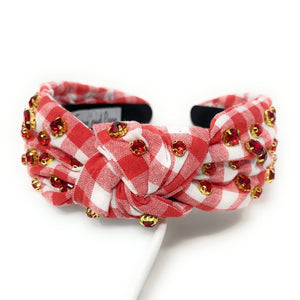 headband for women, gingham Knot headband, Summer red headband, red gingham knotted headband, red top knot headband, game day top knotted headband, multicolor knotted headband, red print headband, red gingham print hair band, ole miss headbands, hotty toddy headband, college knot headbands, gingham top knotted headband, knotted headband, game day hair accessories, embellished headband, luxury headband, embellished knot headband, jeweled knot headband, summer knot embellished headband