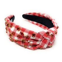 Load image into Gallery viewer, headband for women, gingham Knot headband, Summer red headband, red gingham knotted headband, red top knot headband, game day top knotted headband, multicolor knotted headband, red print headband, red gingham print hair band, ole miss headbands, hotty toddy headband, college knot headbands, gingham top knotted headband, knotted headband, game day hair accessories, embellished headband, luxury headband, embellished knot headband, jeweled knot headband, summer knot embellished headband
