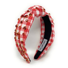 Load image into Gallery viewer, headband for women, gingham Knot headband, Summer red headband, red gingham knotted headband, red top knot headband, game day top knotted headband, multicolor knotted headband, red print headband, red gingham print hair band, ole miss headbands, hotty toddy headband, college knot headbands, gingham top knotted headband, knotted headband, game day hair accessories, embellished headband, luxury headband, embellished knot headband, jeweled knot headband, summer knot embellished headband