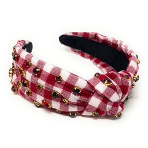 headband for women, gingham Knot headband, maroon knot headband, maroon gingham knotted headband, dark red top knot headband, game day top knotted headband, maroon knotted headband, gingham print headband, dark red gingham print hair band, maroon headbands, hail state headband, college knot headbands, gingham top knotted headband, knotted headband, game day hair accessories, embellished headband, Alabama crimson headband, embellished knot headband, Mississippi knot embellished headband