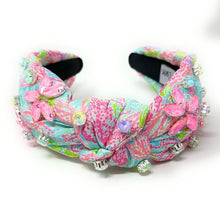 Load image into Gallery viewer, Summer Knot headband, resort knot headband, reef print knotted headband, vacation accessories, multicolor top knot headband, pink blue headband, resort headband, pink blue color hair band, tropical fabric headband, custom jeweled headband, multi color knotted headband, beach hair accessories, summer accessories, summer accessories, vacation headband, summer top knot headband, custom headband, handmade headbands, beach knotted headband, best selling items, jeweled headband, handmade gifts