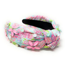 Load image into Gallery viewer, Summer Knot headband, resort knot headband, reef print knotted headband, vacation accessories, multicolor top knot headband, pink blue headband, resort headband, pink blue color hair band, tropical fabric headband, custom jeweled headband, multi color knotted headband, beach hair accessories, summer accessories, summer accessories, vacation headband, summer top knot headband, custom headband, handmade headbands, beach knotted headband, best selling items, jeweled headband, handmade gifts