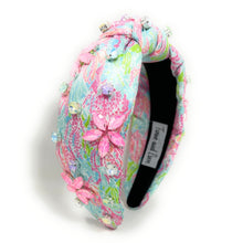 Load image into Gallery viewer, Summer Knot headband, resort knot headband, reef print knotted headband, vacation accessories, multicolor top knot headband, pink blue headband, resort headband, pink blue color hair band, tropical fabric headband, custom jeweled headband, multi color knotted headband, beach hair accessories, summer accessories, summer accessories, vacation headband, summer top knot headband, custom headband, handmade headbands, beach knotted headband, best selling items, jeweled headband, handmade gifts